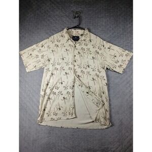 Robert Stock Mens XL Silk Button Down Shirt Palm Tree Tropical Cream ShortSleeve